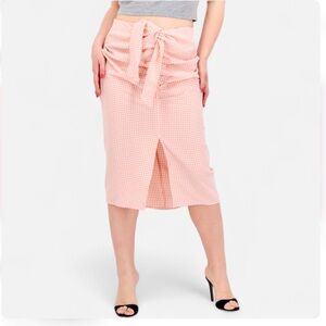 Mango Tie Front Pink Gingham Ruched Midi Skirt with Front Slit Size M NWT